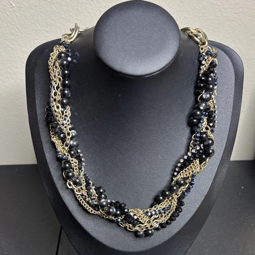 Loft Elegant Gray and Gold Beaded Chain Statement Necklace